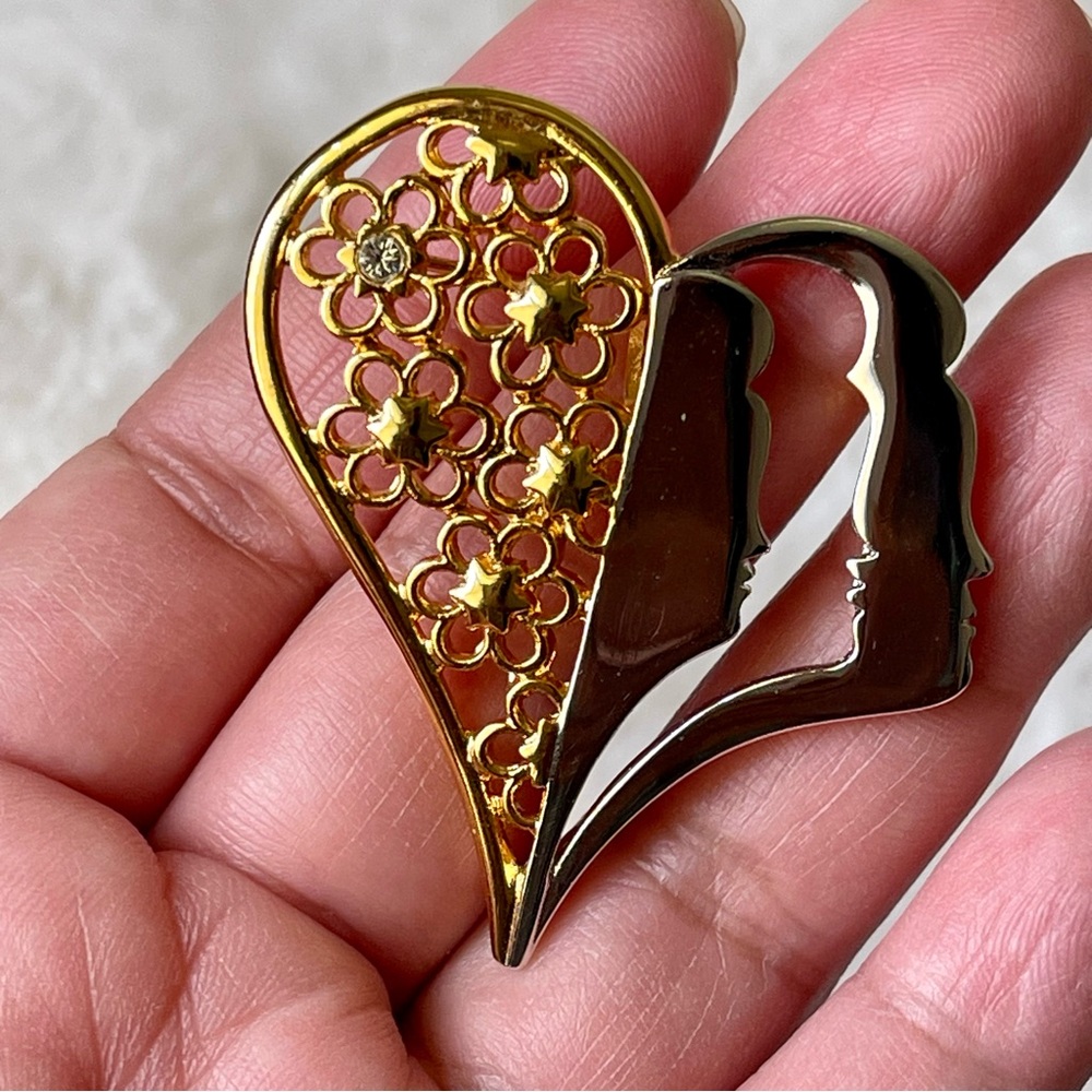 2008 TAL SALOMON | Two-Tone Gold Silver Three Faces Heart Crystal Brooch Pendant